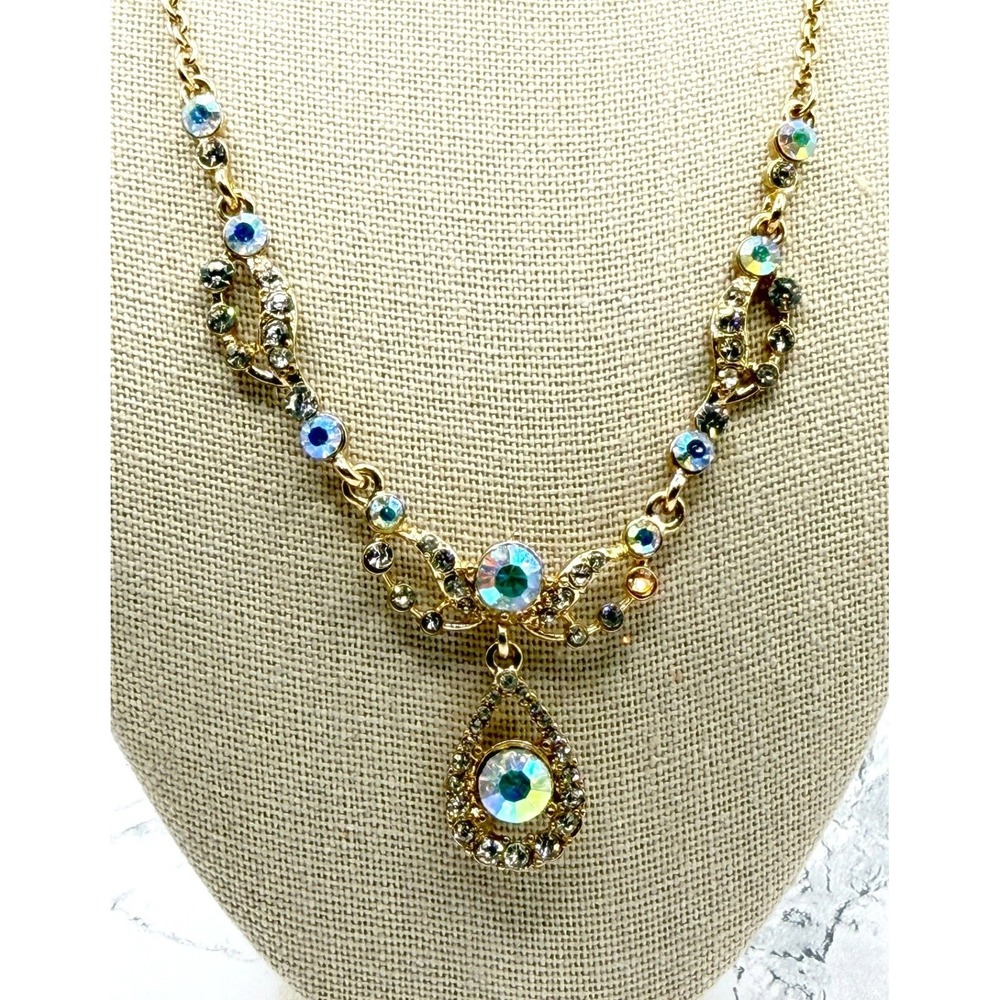 Gold AB Rhinestone Bib Necklace Vintage Style Statement Drop 16-19" Prom